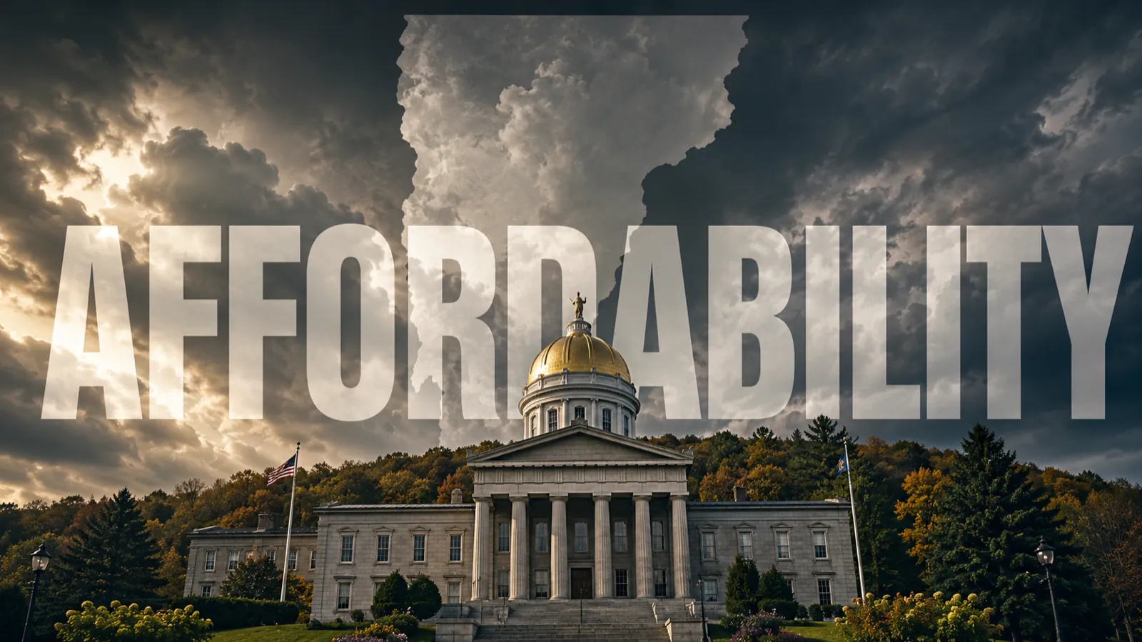 Storm clouds shaped like Vermont gather over the Vermont State House in Montpelier, with the word AFFORDABILITY across the sky